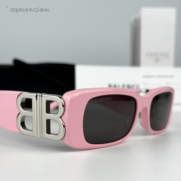 NEW Balenciaga BB0096S 012 Pink Silver Logo Grey Rectangle Unisex Sunglasses - Picture 1 of 12